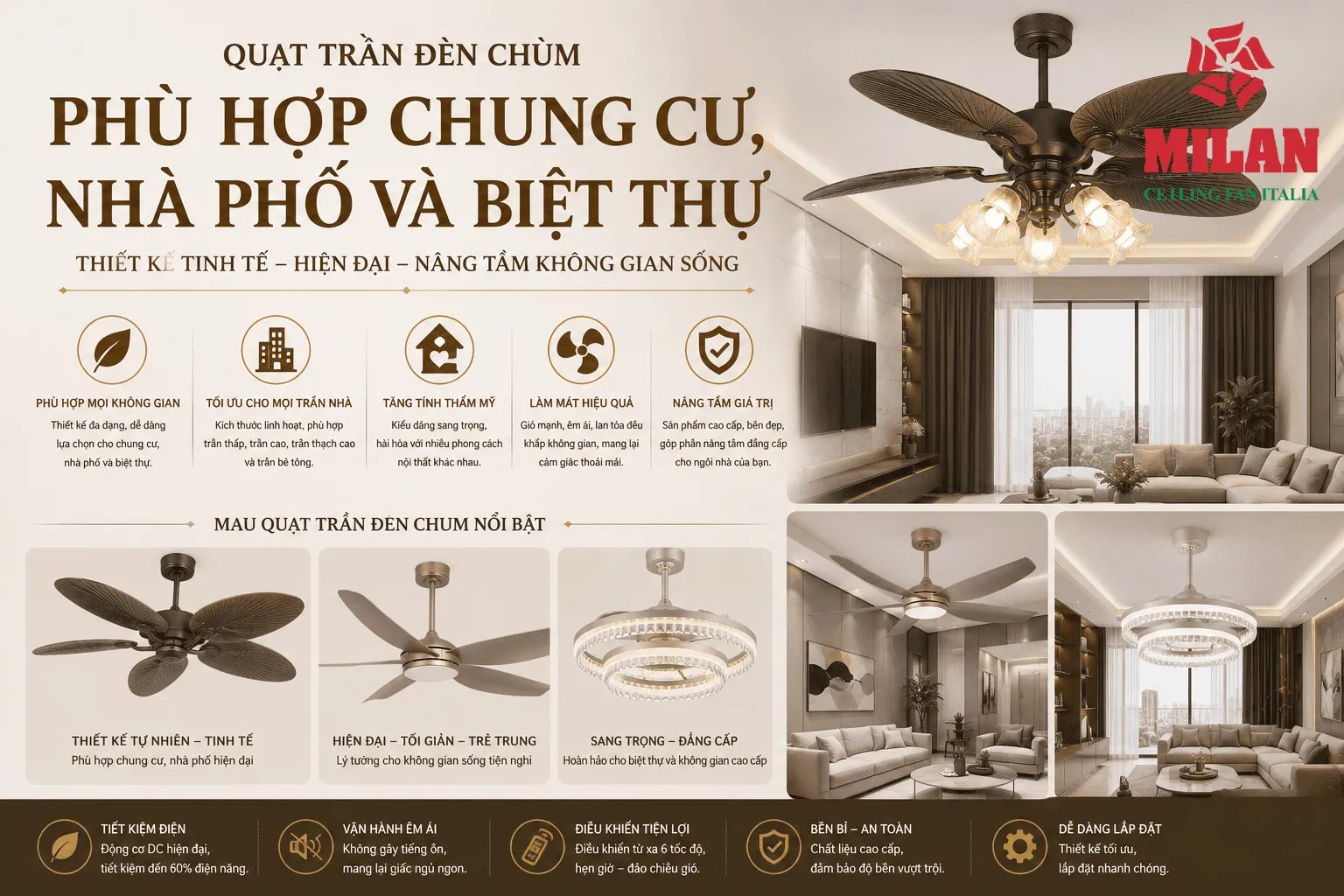 Quạt Trần Đèn Chùm Phù Hợp Chung Cư, Nhà Phố Và Biệt Thự